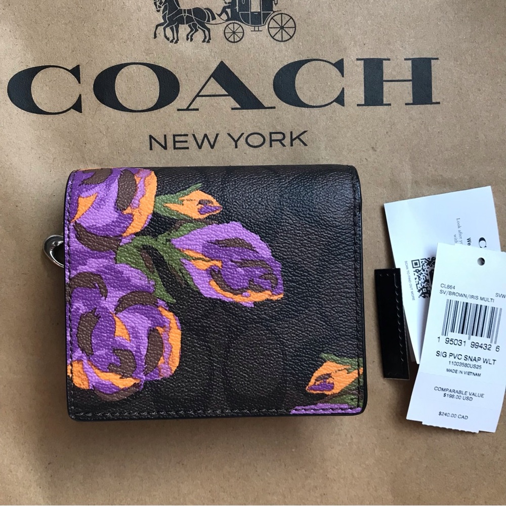 🌸 Coach Snap Wallet In Signature Canvas With Rose Print - Picture 2 of 11